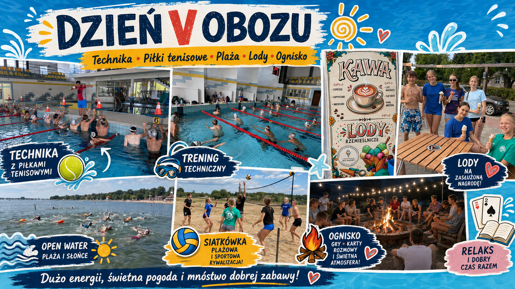 Obóz Choszczno 2026 – II turnus, dzień V. Piłki w wodzie, plaża, lody i ognisko